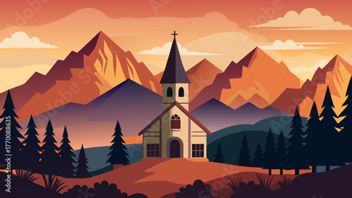 Church in the mountains at sunset time