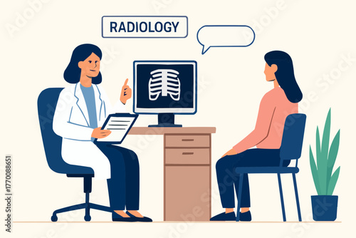 Flat vector of radiologist discussing post-scan follow-up with patient in office