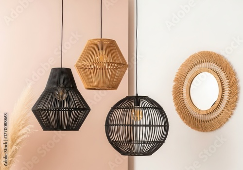 Stylish Interior Design Featuring Rattan Pendant Lights and a Circular Mirror with Tassel Fringe in a Modern Home Setting
