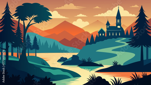 Enchanting medieval castle nestled in a serene landscape with a winding river and majestic mountains at sunset