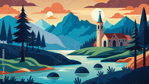 Serene mountain landscape with a river church and pine trees at sunset