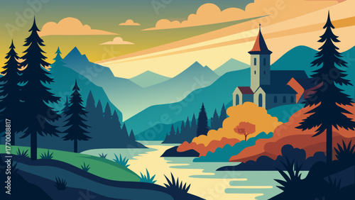 Serene mountain landscape with a church by a river at sunset