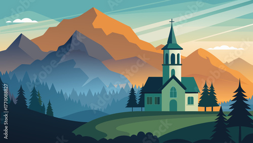Illustration of a church in mountains