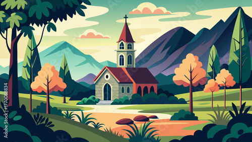 Idyllic countryside church scene with majestic mountains and autumn trees in a stylized illustration