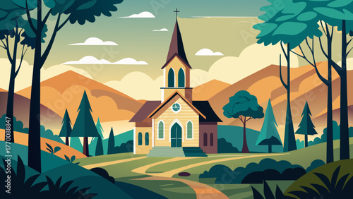 Church in the mountains at sunset time