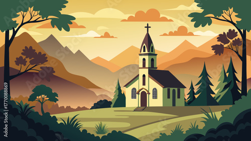 Church in the mountains at sunset vector