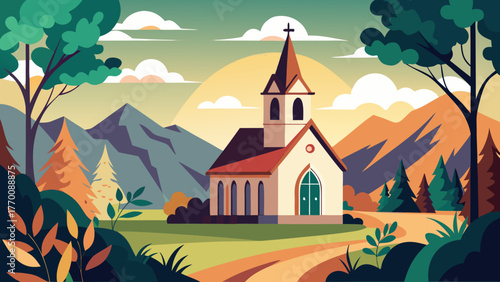 Charming country church nestled in a serene valley with rolling hills and majestic mountains