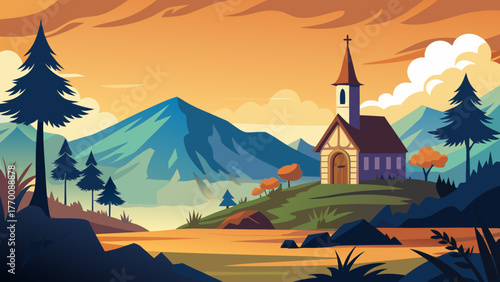 Serene mountain landscape featuring a quaint village church nestled amongst rolling hills and pine trees at sunset