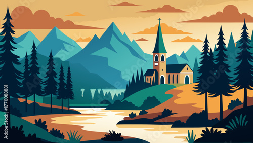 Serene mountain landscape with a charming church nestled among pine trees and a winding river