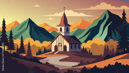 Church in the mountains at sunset time
