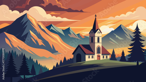 Church in the mountains at sunset time