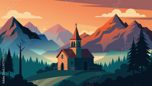 Church on a hill with mountain view