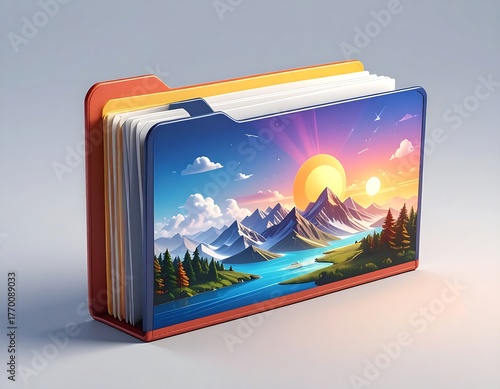 A colorful folder displaying a scenic landscape of mountains and a river