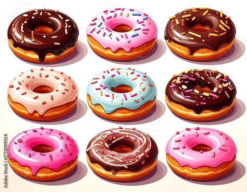 A colorful illustration of nine assorted donuts, each with unique frosting and sprinkles