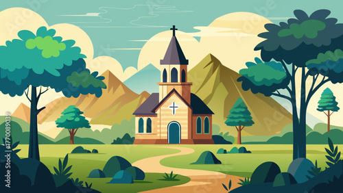 Idyllic countryside church with mountains and trees under a cloudy sky