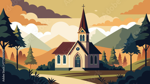 Church building in a scenic landscape