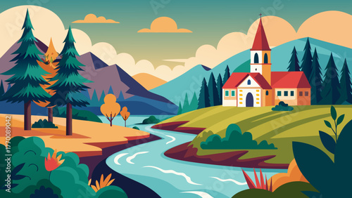 Church in the riverside landscape scene