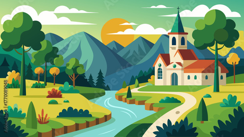 Church on a hill at sunset illustration