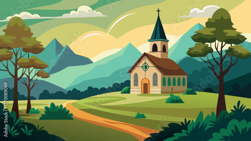 Tranquil rural landscape featuring a charming church on a hill with rolling mountains and a winding path