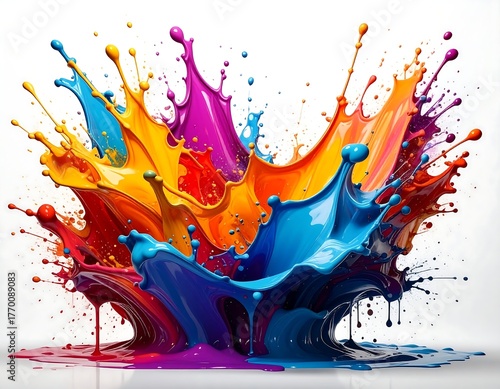 A colorful paint splash erupts against a clean white background