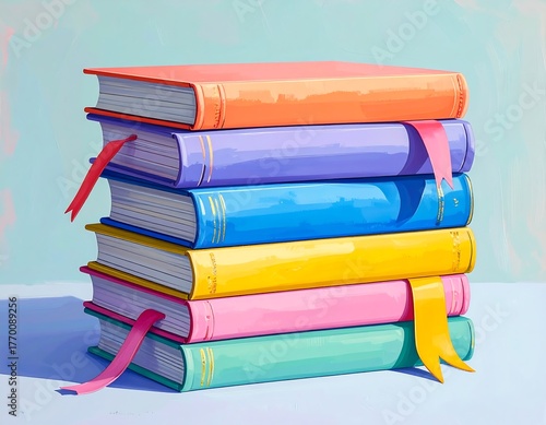A colorful stack of books, with bookmarks