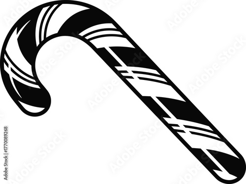 Black and white candy cane illustration, festive Christmas sweet icon, minimalist vector holiday design, striped sugar stick art, seasonal dessert decoration concept graphic