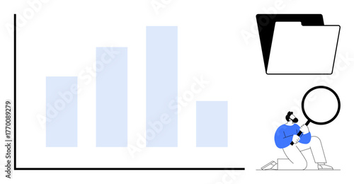 Bar graph visualization with person examining data using magnifying glass beside file folder icon. Ideal for data analysis, research, insights, statistics, organization, file management, simple flat