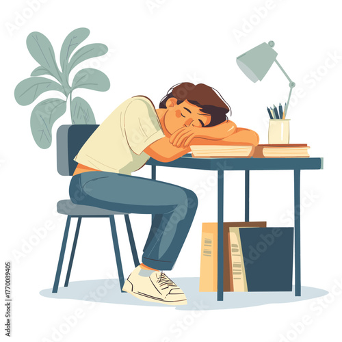 A man exhausted from studying for exams. man tired studying and sleeping on his desk. Hand drawn style vector design illustrations.   , vector style simple color