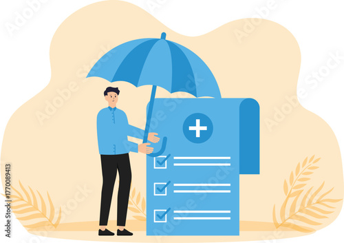 Health insurance and Doctor offering medical insurance policy contract. Patient holding insurance ID card. Medicine and healthcare concept
