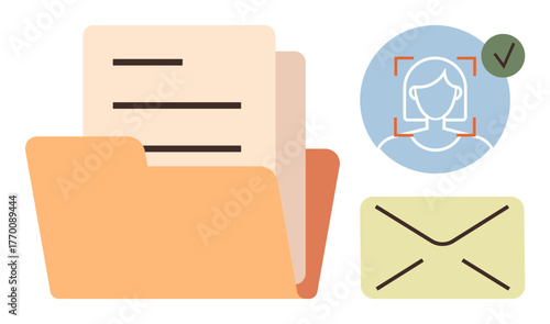 Folder with documents, profile recognition icon with checkmark, and envelope. Ideal for data management, identity verification, communication, correspondence, organization, HR processes simple flat