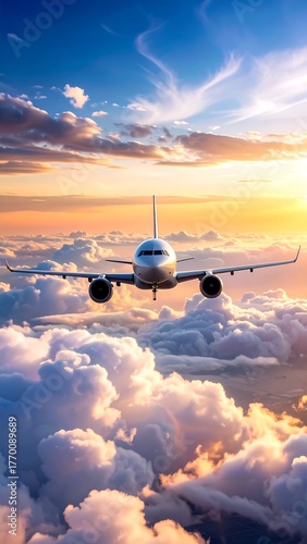 A commercial aircraft soaring above fluffy white clouds at golden hour