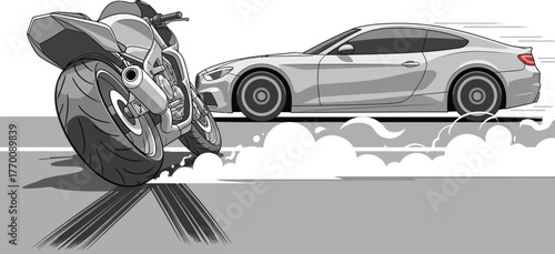 A dramatic car accident scene featuring a motorcycle colliding with a sleek, modern car, with smoke billowing and motion blur suggesting high speed and impact