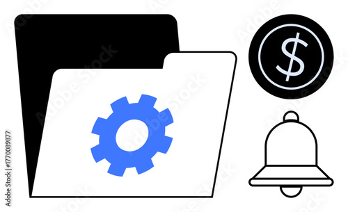 Open folder with gear icon, dollar coin, notification bell. Ideal for finance, organization, file management, configuration, system updates notifications business workflow. Simple flat metaphor