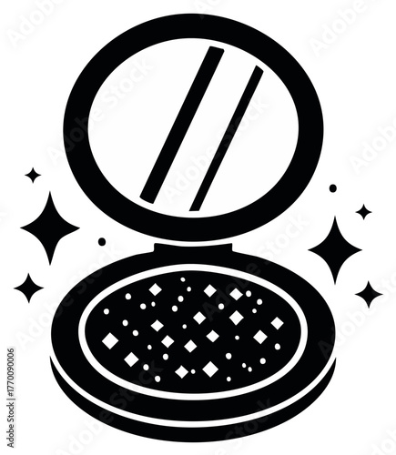 Black silhouette icon of an open compact powder with a mirror and sparkling elements symbolizing beauty and glamour