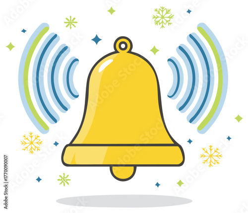 Illustration of a ringing yellow bell with blue and green sound waves, snowflakes