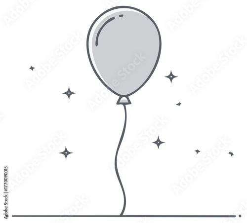 Simple gray balloon with sparkling accents and string suspended against a white background