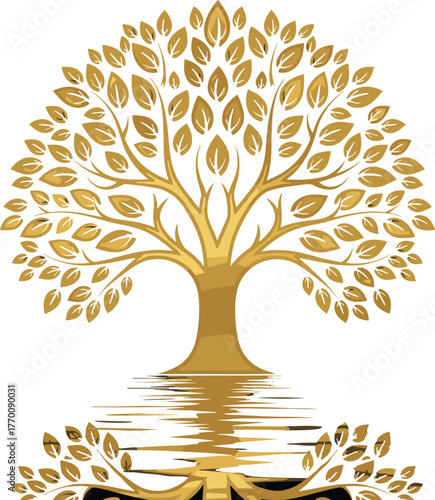 Golden tree of life with reflection in water, luxury nature design, elegant abstract vector illustration, spiritual growth, balance, prosperity, harmony, eco concept art