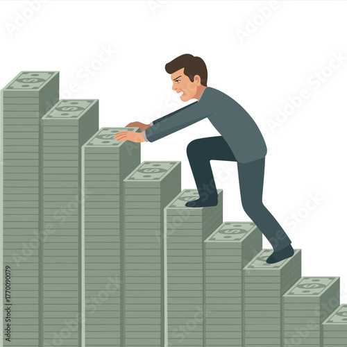 Man climbing a money staircase represents business growth, financial success, investment, wealth, and achieving goals in economy
