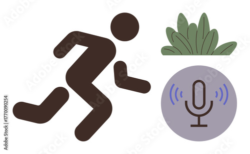 Simplified figure running beside a microphone icon emitting sound waves and greenery. Ideal for themes of fitness, podcasts, nature, sound, communication, broadcasting, and storytelling. Simple flat