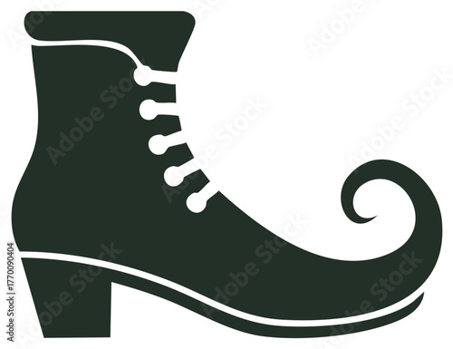 Stylized Silhouette of a Vintage Elf Shoe with Lace Up Detail and Curled Toe