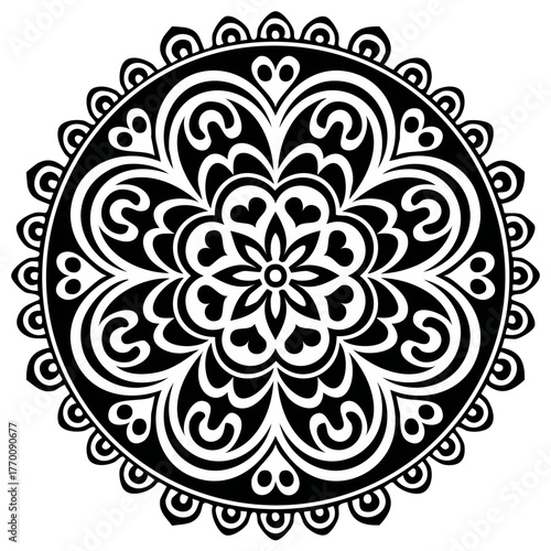 Black and white circular mandala with intricate floral and heart patterns for coloring or decoration