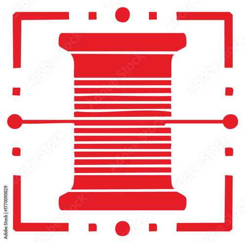Abstract red spool of thread icon with needle and minimalist frame