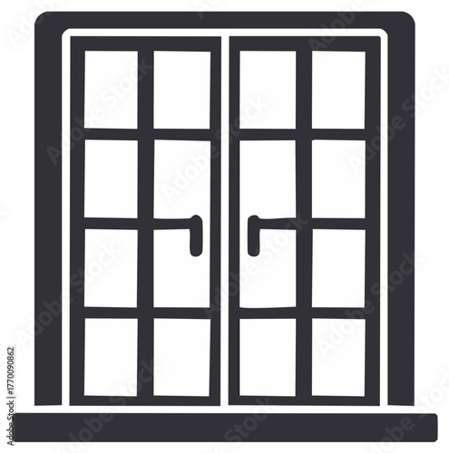 Simple icon of French doors or double window with glass panes. Minimalist flat vector graphic for home and architecture.