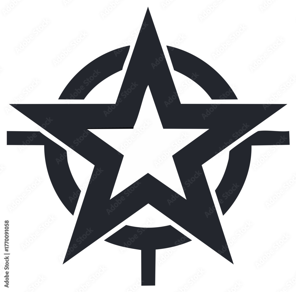 Fototapeta premium Graphical Five Point Star within Circle and Horizontal Lines Isolated on White Background