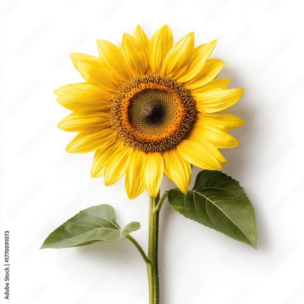 Obraz premium Bright Yellow Sunflower in Full Bloom with Green Leaves Against a Clean White Background