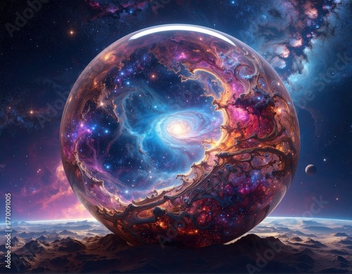 A cosmic orb contains a vibrant galaxy swirling in space