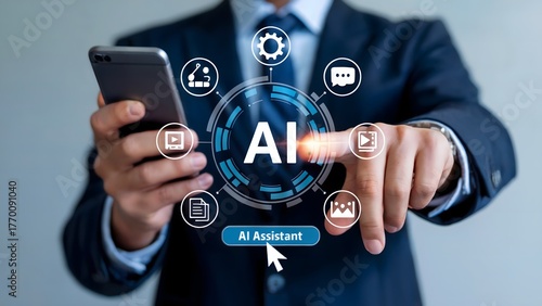 A person in a dark suit holding a smartphone with glowing digital overlays showing ai icon functional tools and an ai assistant button
