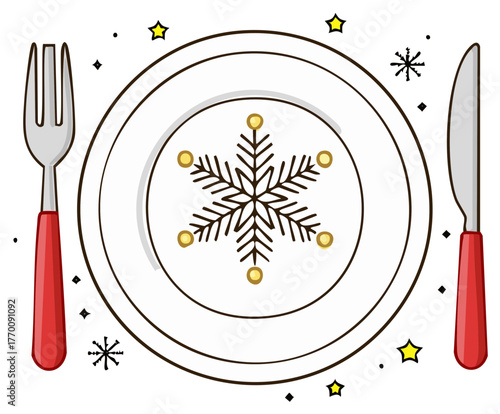 Holiday dinner table setting with plate fork and knife featuring a festive snowflake design