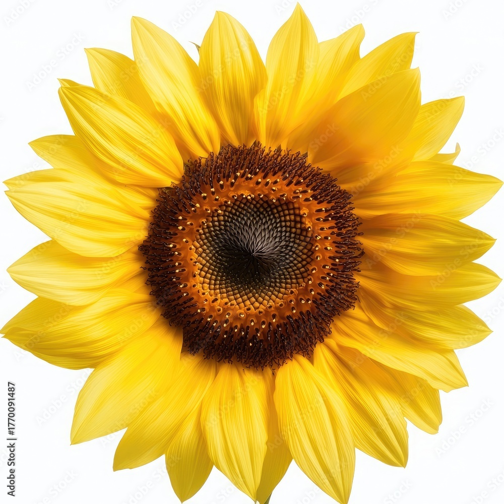 Fototapeta premium Bright and Vibrant Sunflower Bloom with Bold Yellow Petals and Rich Brown Center on White Background for Nature Themes