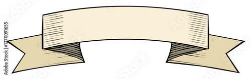 An aged cream-colored ribbon banner with flag ends and decorative hatch marks, ideal for textual messages and old-fashioned designs
